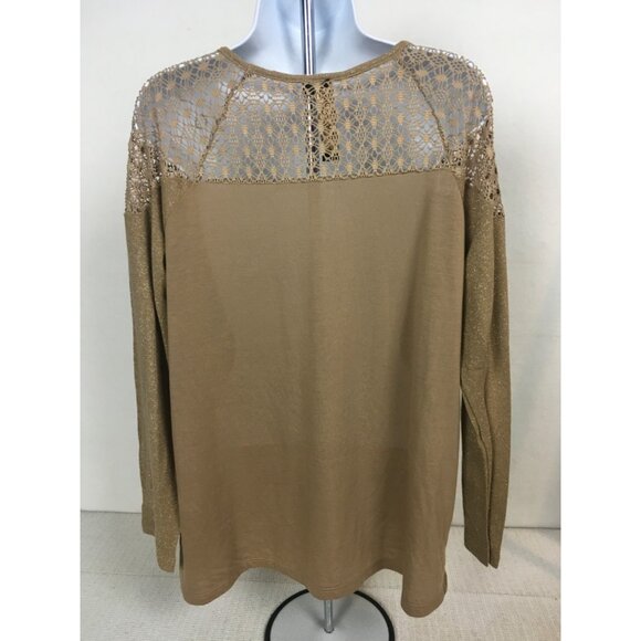 French Bazaar Top Women Size L Tan Blue Sequins Crochet Shoulders Long Sleeves - Picture 3 of 13